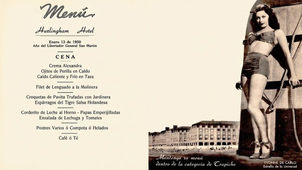 Hurlingham Hotel y su menú original de la década de 1930.
