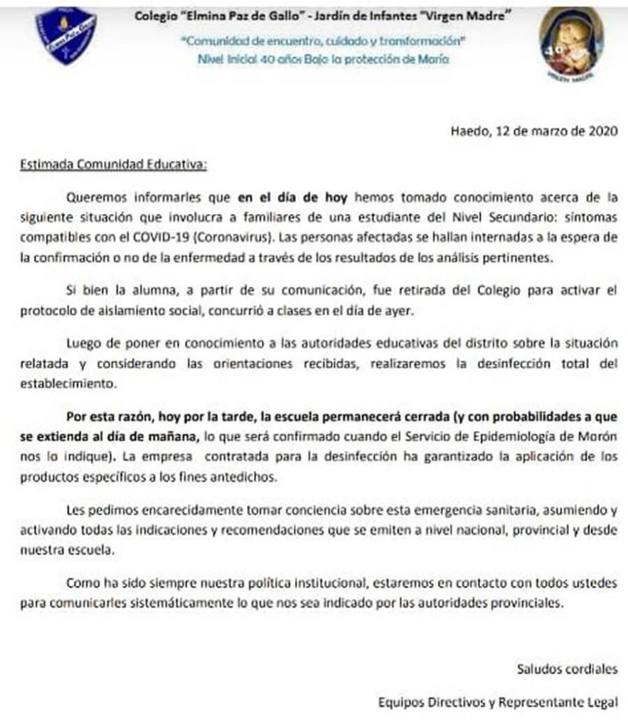 Haedo: Estudiante con síntomas de coronavirus