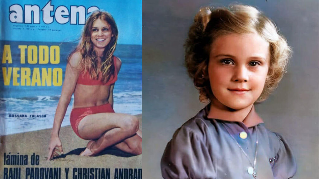 Rosana Falasca en Antena y de niña en una imagen coloreada