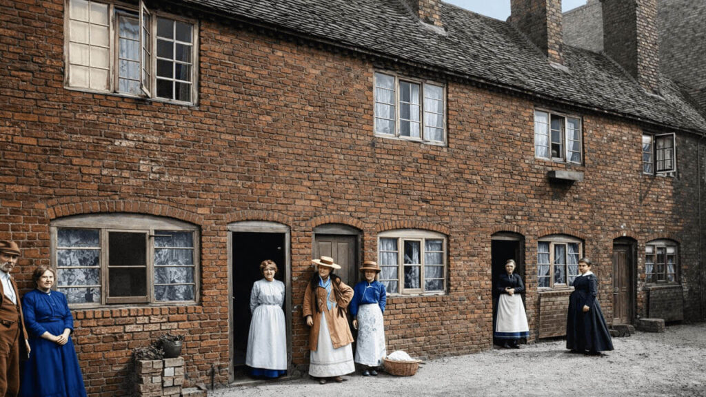 Cottages y mujeres mayores en una callejuela de Birmingham al mediodía