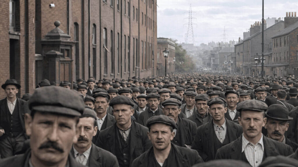 Trabajadores industriales en la ciudad, luego de pasar una guerra, se recluyeron en los taller humeantes de Inglaterra donde la paga era mala