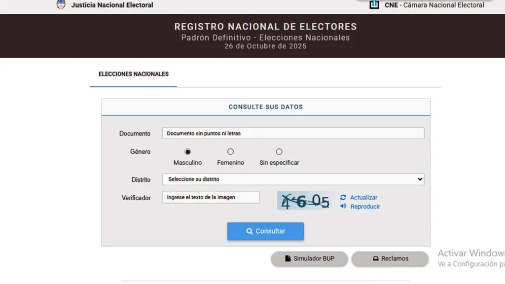 Pantalla del Registro Nacional Electoral sobre los lugares de votación