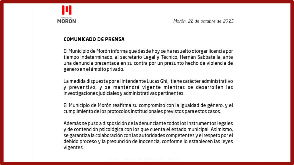 Comunicado sobre la licencia de Hernán Sabbatella