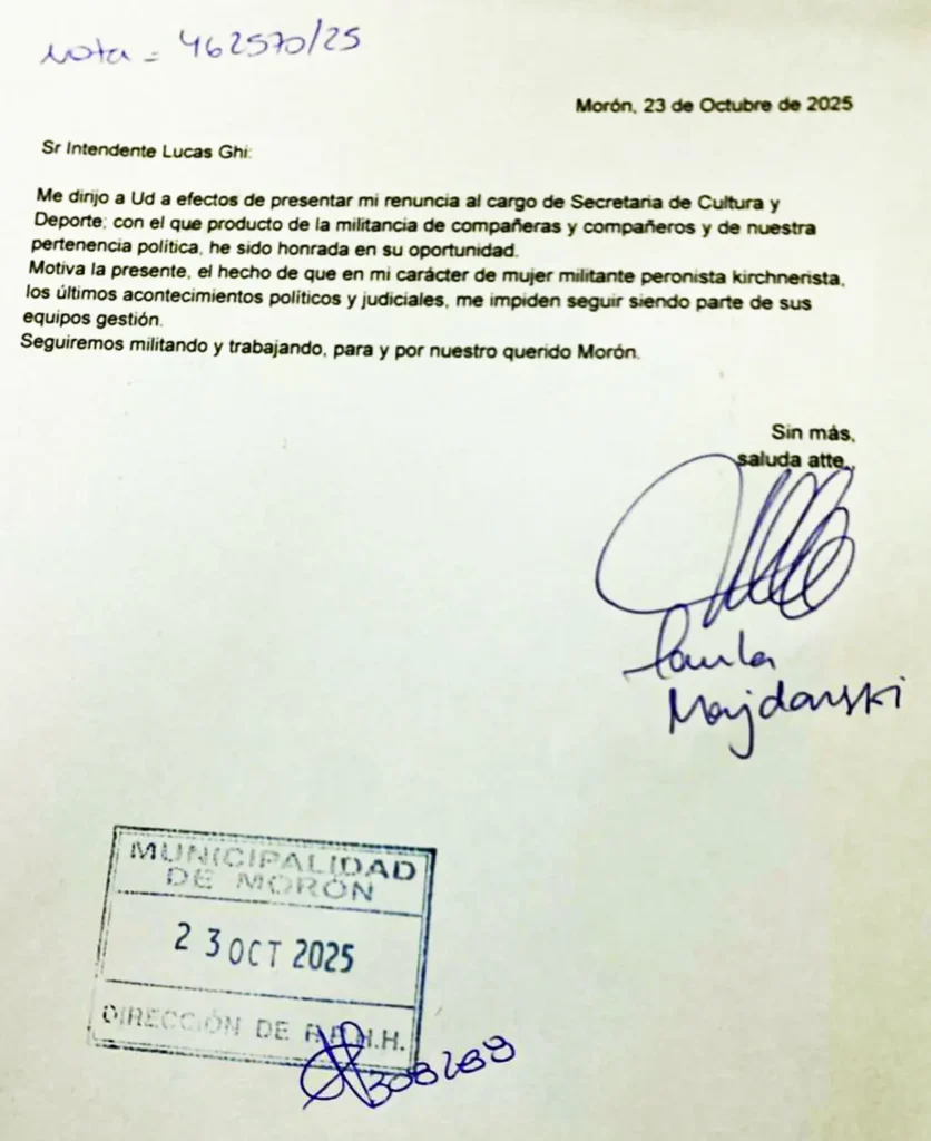 El texto de la renuncia de Paula Majdanski que presentó al intendente Lucas Ghi