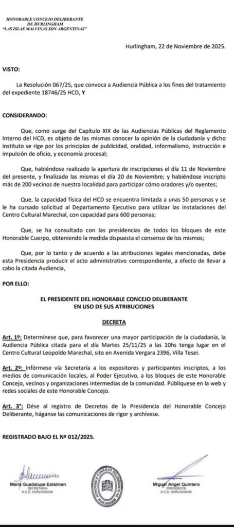 Decreto para el Traslado de la Audicincia Pública firmado por el titular del cuerpo, Daniel Quintero y el consenso de la oposición