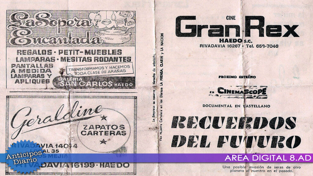 Programa el Cine Gran Rex ubicado sobre la Avenida Rivadavia promocionando el documental Recuerdos del Futuro