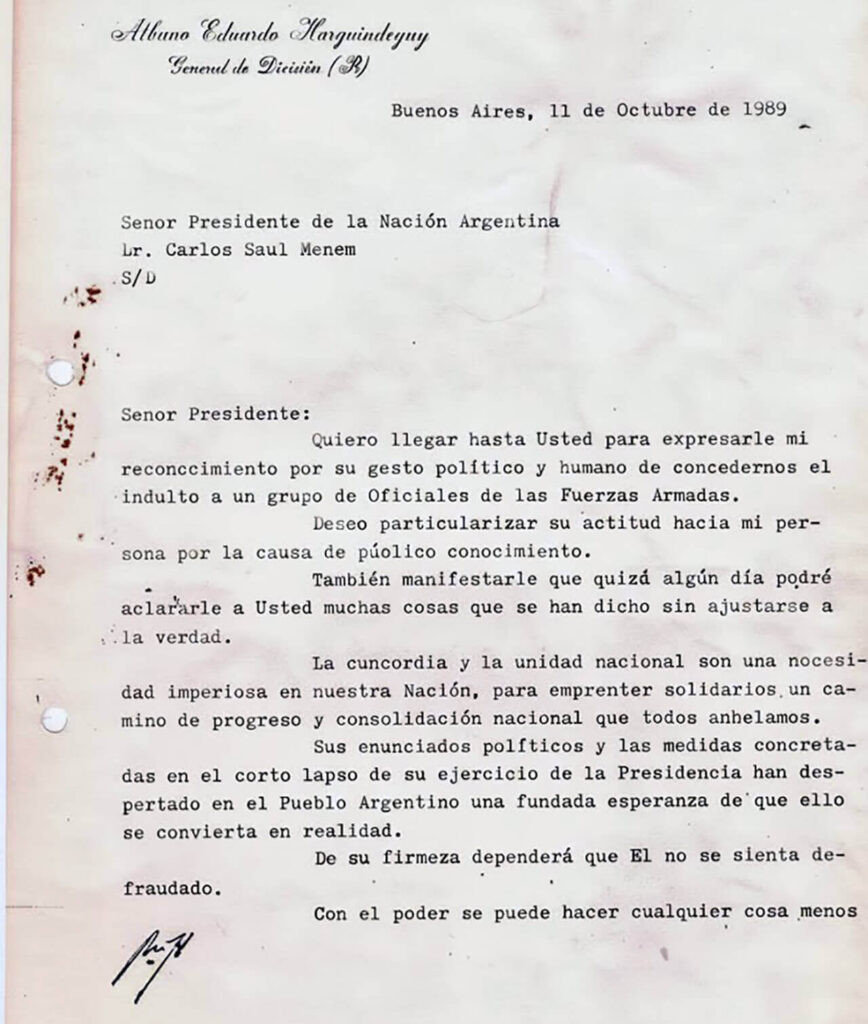 Carta de Albano Harguindeguy al Presidente Carlos Menem