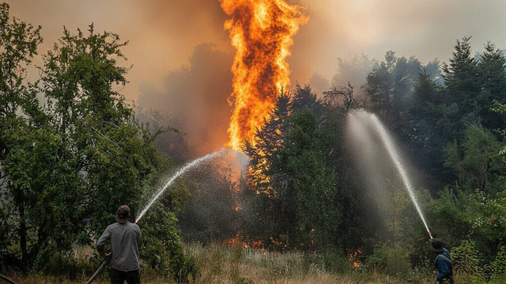 Dos voluntarios también trabajando para apagar el fuego que ya consumió dos veces lo que es la Ciudad Autónoma de Buenos Aires