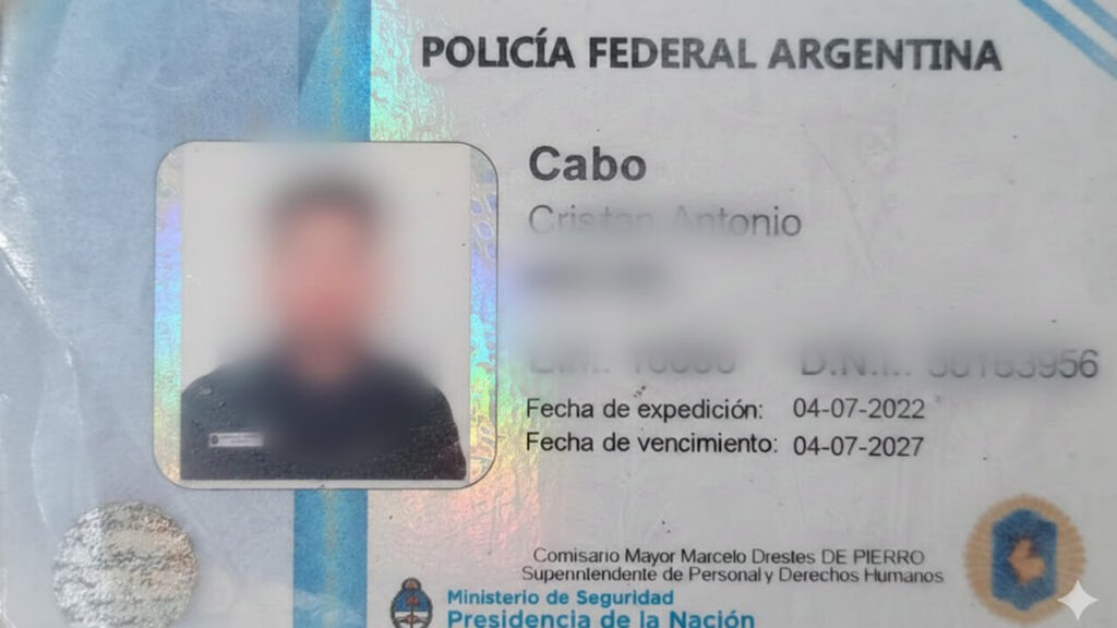 La documentación del cabo de la Policía Federal que encontraron entre sus pertenencias una vez que lo redujeron