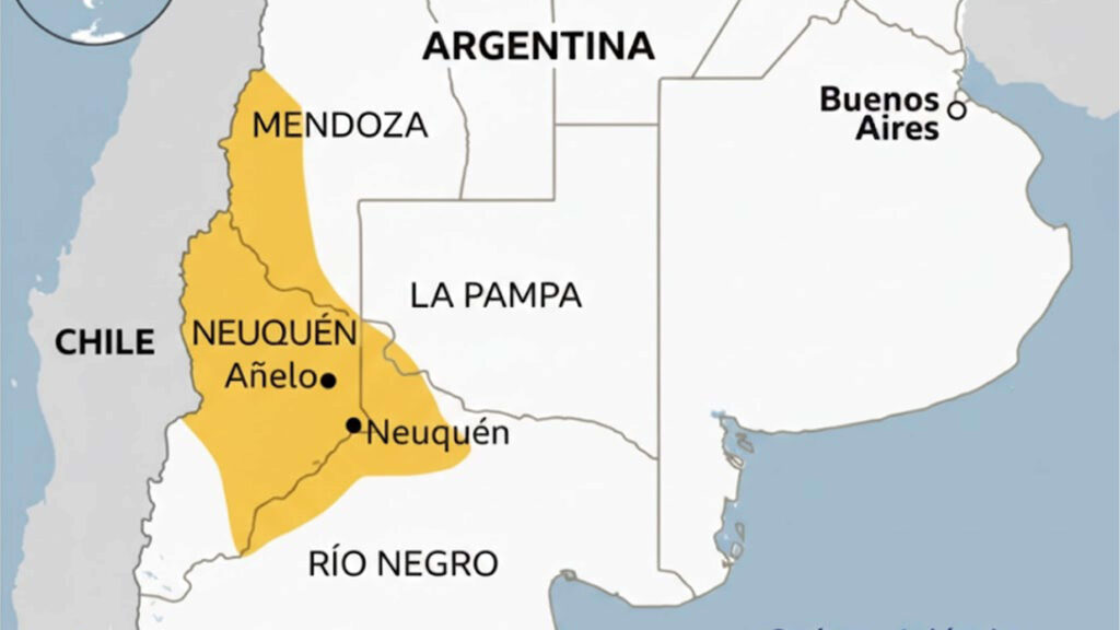 La extensa ubicación de Vaca Muerta en la Provincia de Neuquen y un porcentaje menor sobre Mendoza