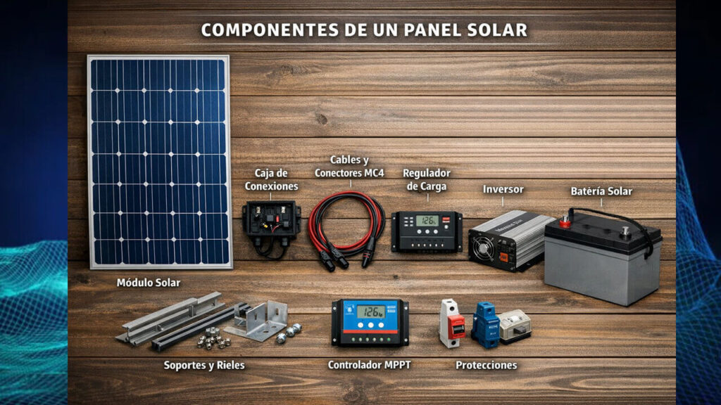 Los componentes que se necesitan para montar un sistema de energía solar que reemplace la energía eléctrica en una casa