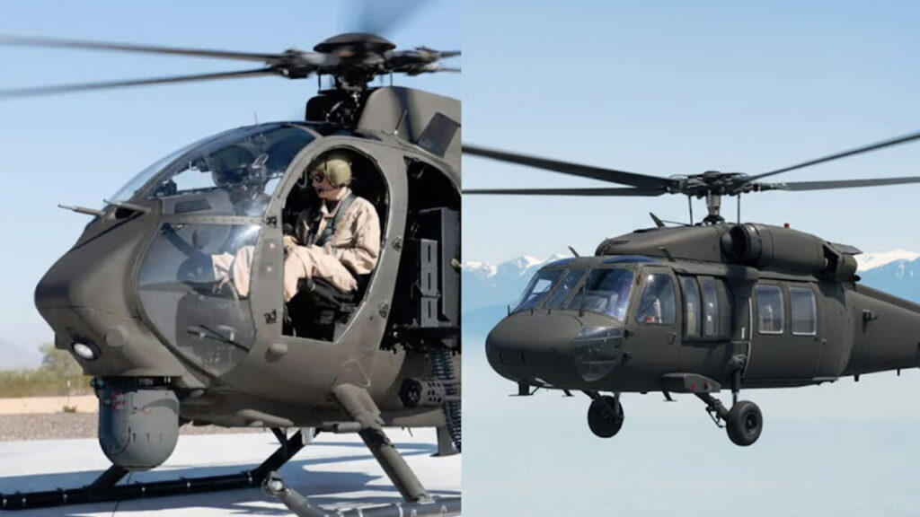 Los helicópteros ligeros o mosquitos de combate MH-6 Little Bird y los helicópteros Helicópteros MH-60M Black Hawk (Silent Hawks), también intervinieron en la toma