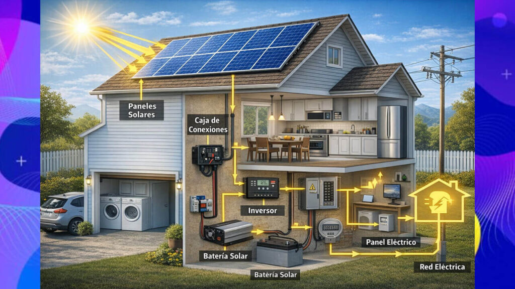 Simulación hecha por 5G Fox sobre cómo funciona un equipo de energía solar en una vivienda