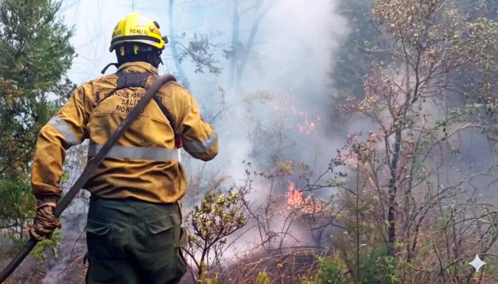Un brigadista marcha a paso rápido directo al fuego, no duda, sabe qué tiene que hacer, y lo hace bien