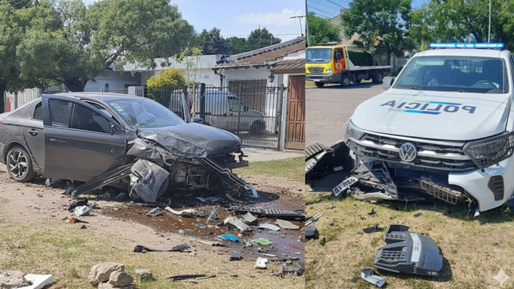Una toma clara de cómo quedaron el Citroen Gris y el Patrullero luego de impactar y frenar la persecusión