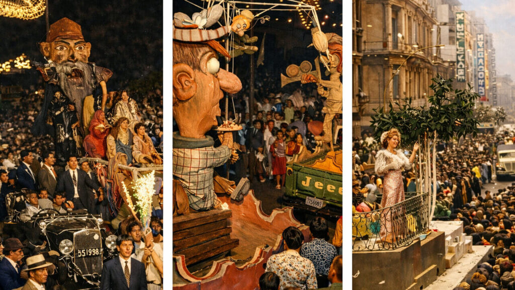 Carrozas monumentales, figuras gigantes y reinas del carnaval marcaron la era dorada del corso porteño en la primera mitad del siglo XX, cuando miles de personas colmaban las calles de Buenos Aires para celebrar el carnaval argentino.