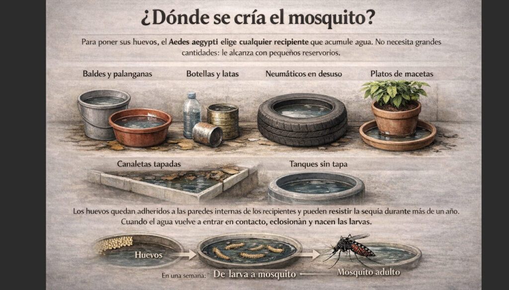 En cada espacio que acumle agua y encima descanse, se crían los mosquitos por eso hay que mantener los recipientes en el exterior vacíos o mejor aún dados vuelta