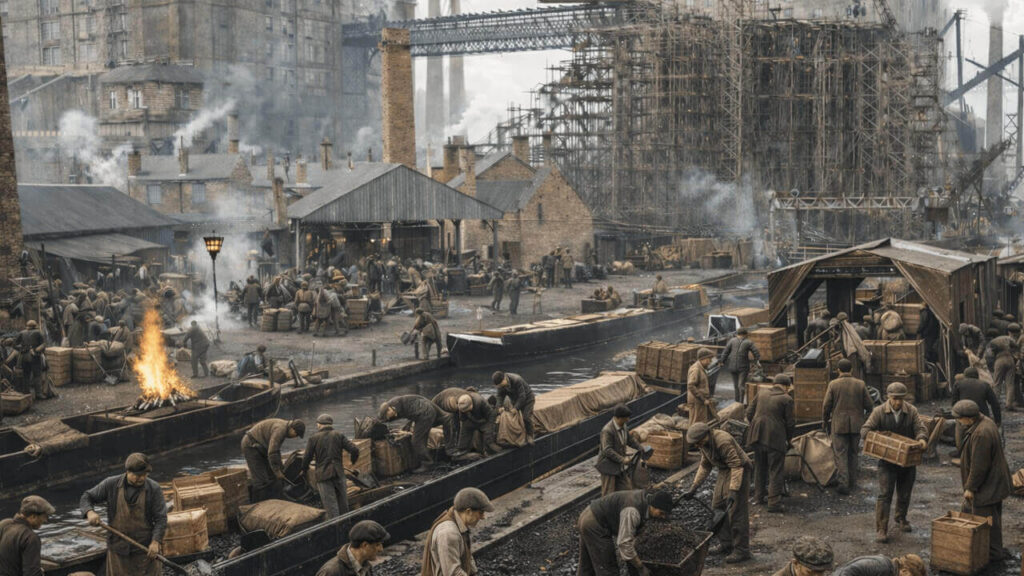 Los Talleres de la Primmera Post Guerra Mundial repleto de trabajadores que no tenían opciones y donde los Peaky Blinders no querían caer a trabajar