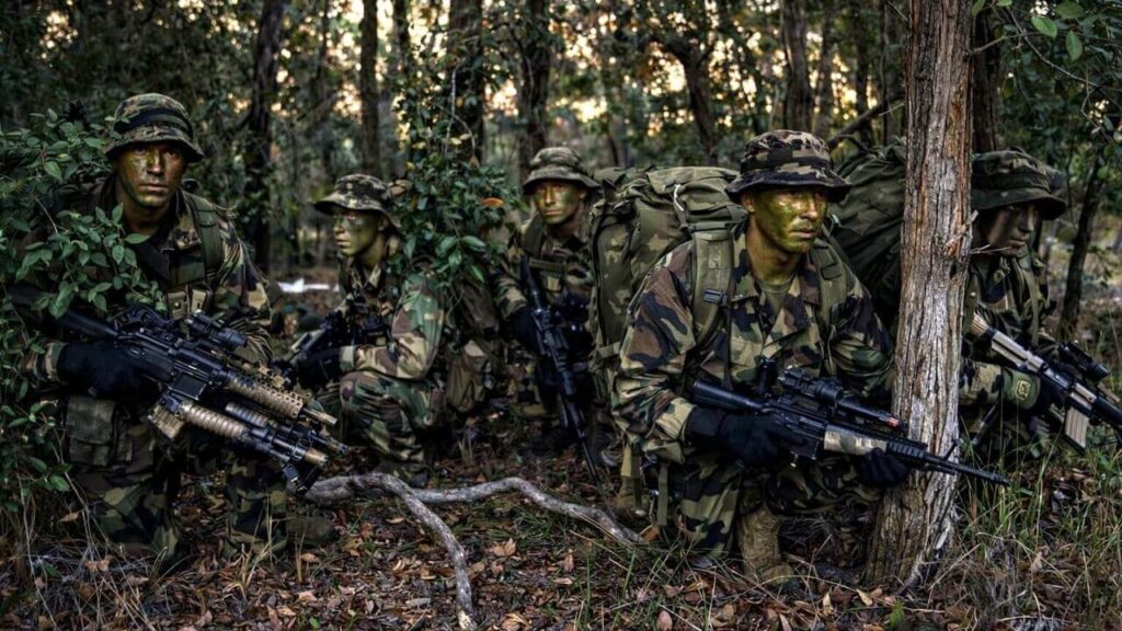 Guerra no convencional. Fuerzas especiales realizan ejercicios de infiltración y patrullaje encubierto en terreno natural, una de las prácticas clave de la doctrina militar moderna de Estados Unidos.