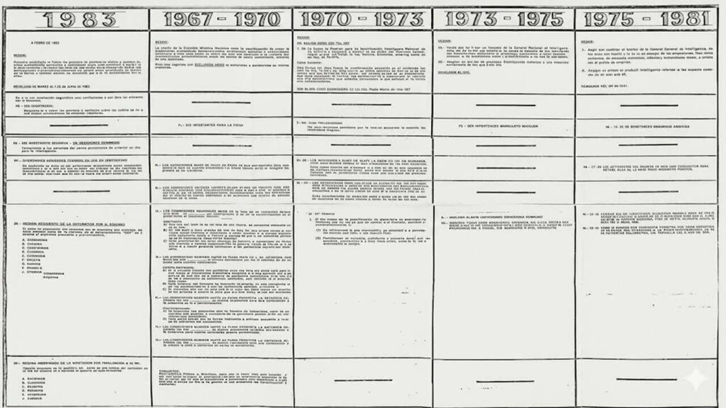 Cronología, resumen de hechos y tareas ejecutadas en un cuadro de la SIDE