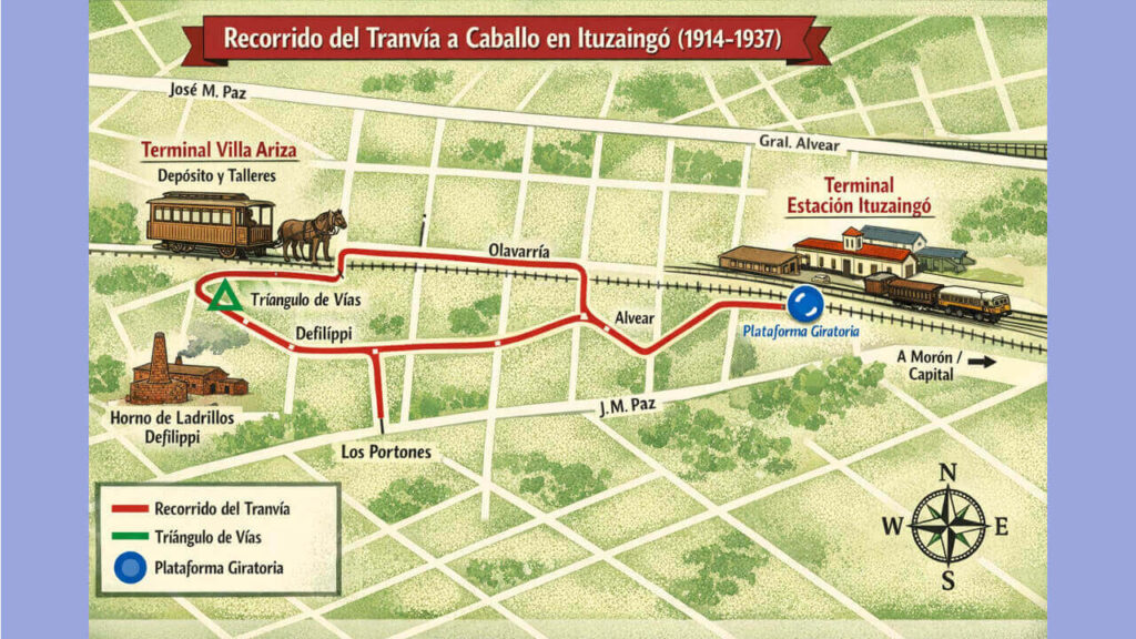 El recorrido que hacía el tranvía tirado a caballos y el tramo triangular que utilizaba para dar la vuelta