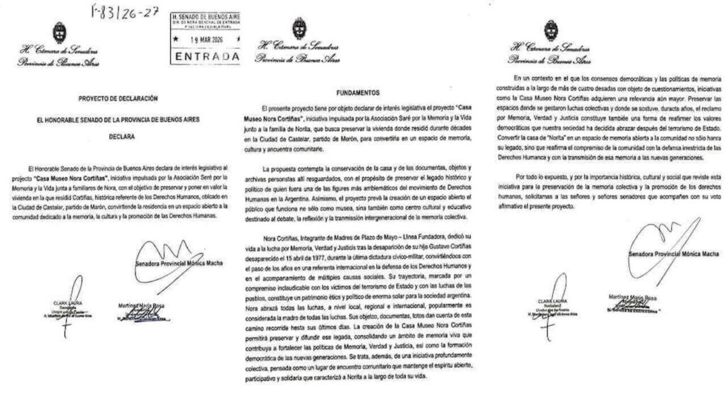 El texto completó que presentó Mónica Macha en la Legislatura para que la casa de Nora Cortiñas
