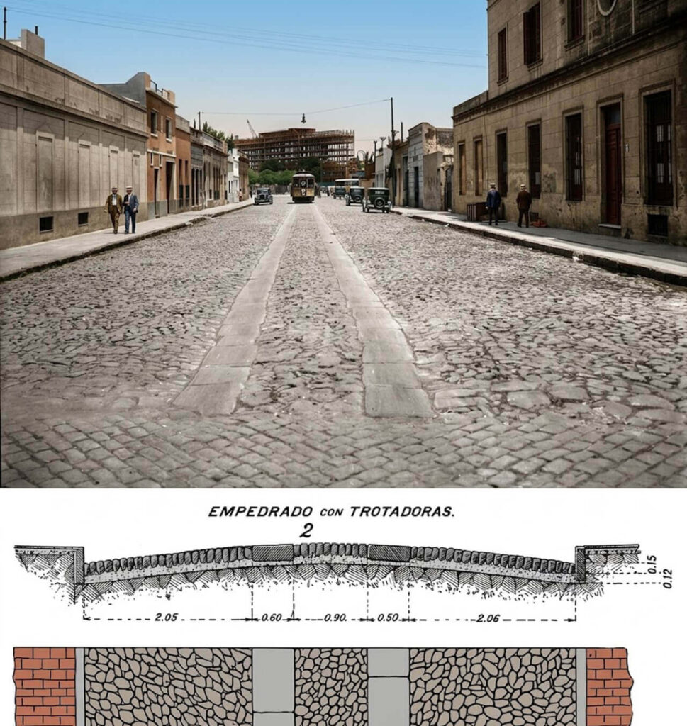 Empedrado con troladoras empotraban bloque de granito de 50 centímetros