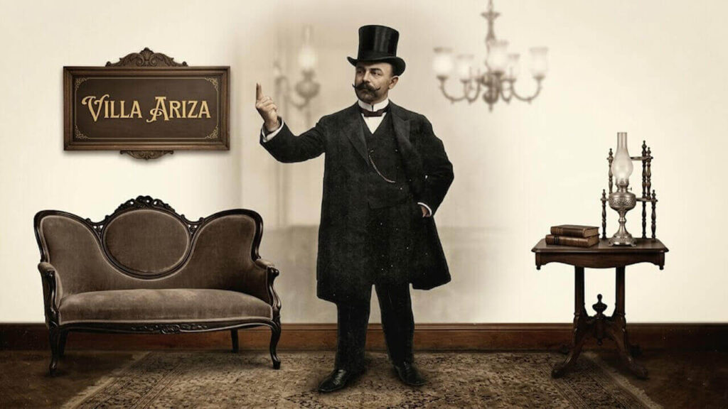 José Ariza real, extraido de la publicidad, pero con un fondo simulado. Así se vería el hombre alrededor de 1920