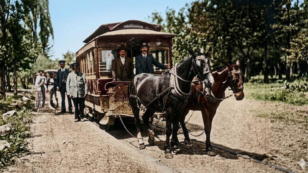 La misma imagen curada a color muestra los rieles empotrados en la tierra