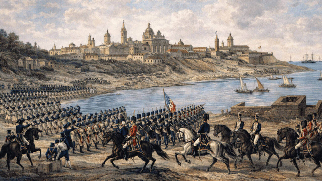 Las Invasiones Inglesas de Buenos Aires en una excelente recreación ya que al fondo se ve el Fuerte Mayor al orillas del Río de la Plata, antes de que se le ganaran tierras