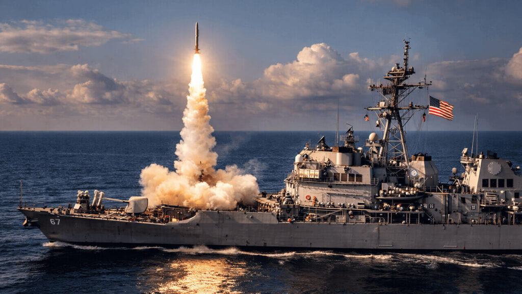 Un misil agua tierra sale de un acorazado norteamericano durante una práctica militar