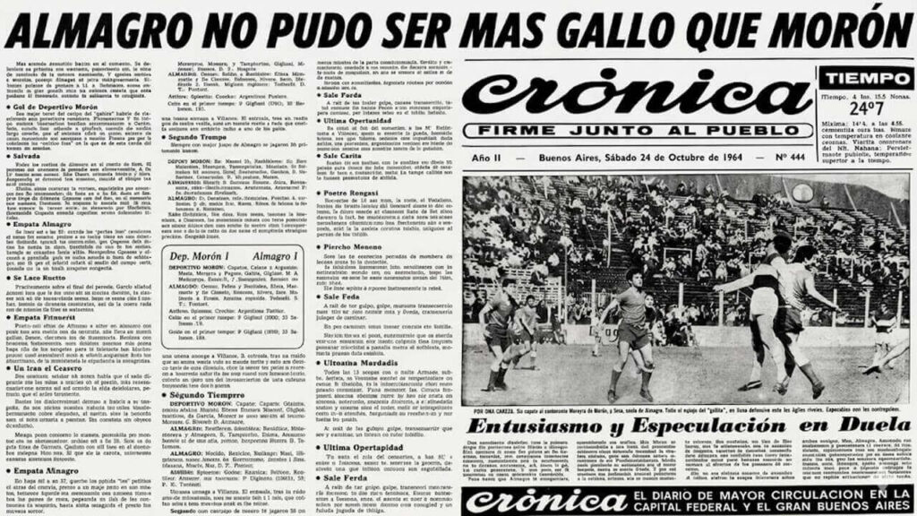 Un regalo de Anticipos Diario, la tapa de Crónica del 24 de octubre de 1964. Tiene 61 años de antigüedad y Almagro y el Gallo ya era un clásico.