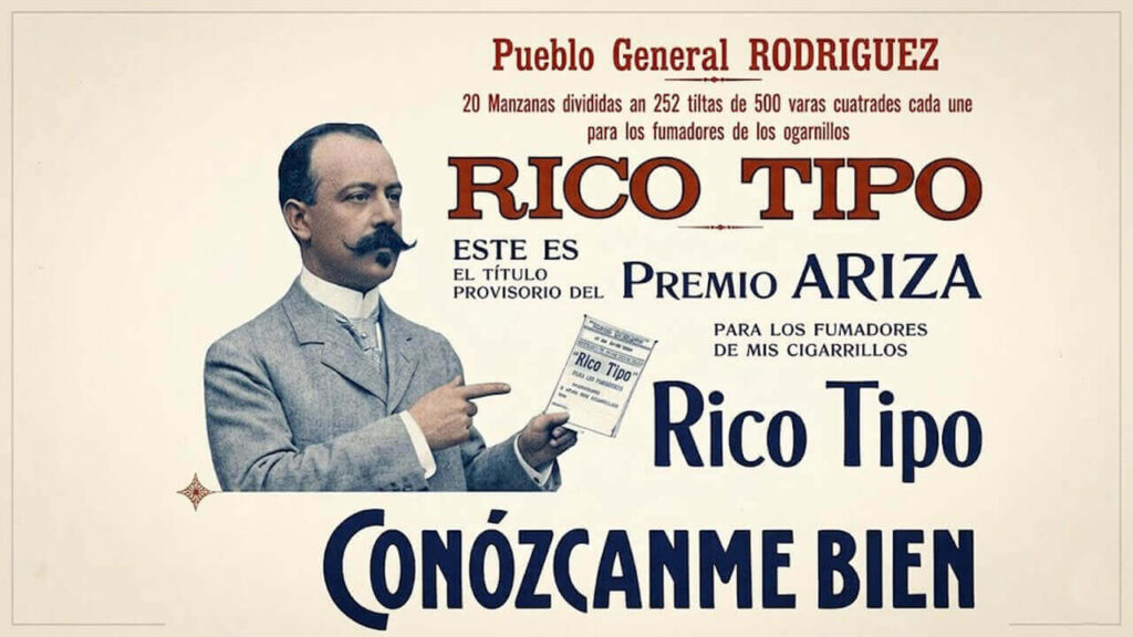 Una amplicación coloreada de la publicidad de Cigarrillos Rico Tipo en donde se ve con claridad medio cuerpo de José Ariza