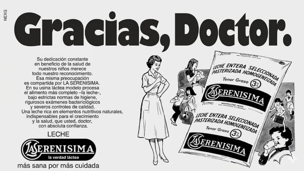 Publicidad de la Serenísima en sachet de la década del '60 cuando se la asoció a la salud de los más chicos