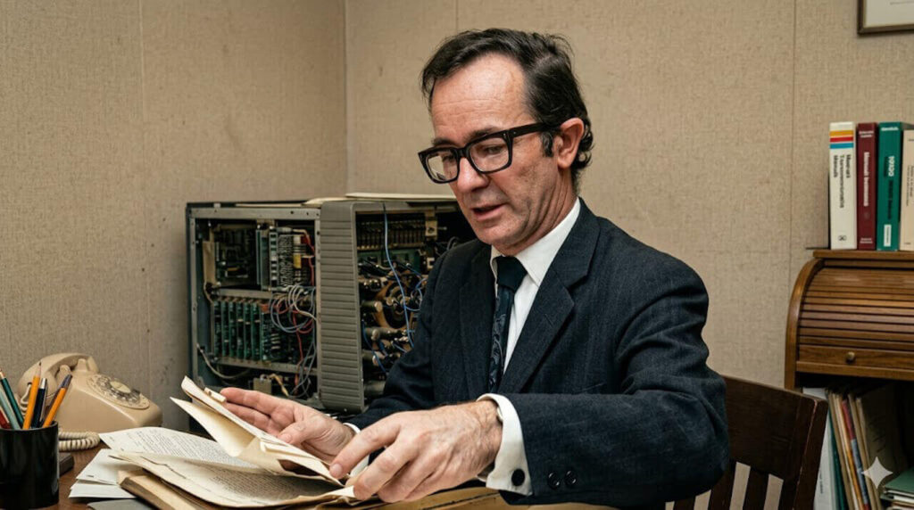 Rodolfo Walsh y detrás una inmensa radio, tecnología de la época que jamás la desecharía