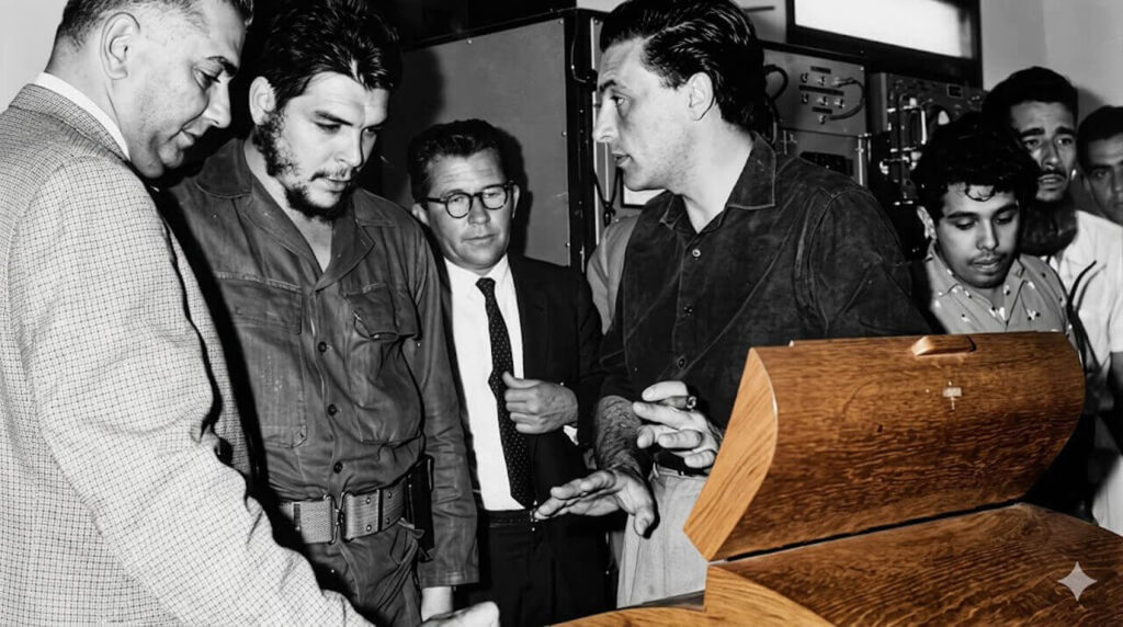 César Masetti le muestra al Che Guevara una teletipo para mandar mensajes en tiempo real. La obsesión por el oficio de narrar para cambiar.