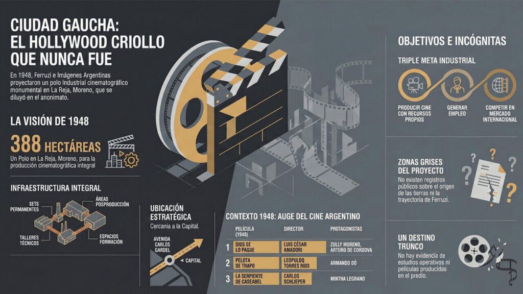 En la infografía se muestra, abajo a la izquierda, cómo sería el proyecto, y arriba a la derecha cuáles eran los objetivos de la fantasía de la Ciudad Gaucha