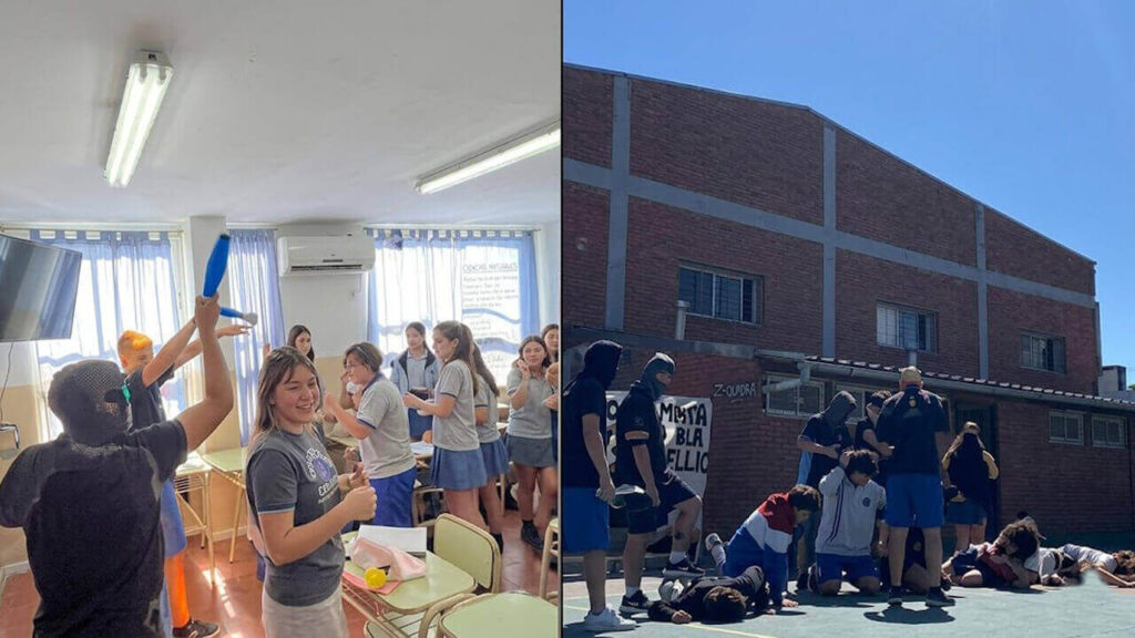 Escena del simulacro de fusilamiento en colegio durante presentación del buzo de egresados en Ciudad Jardín
