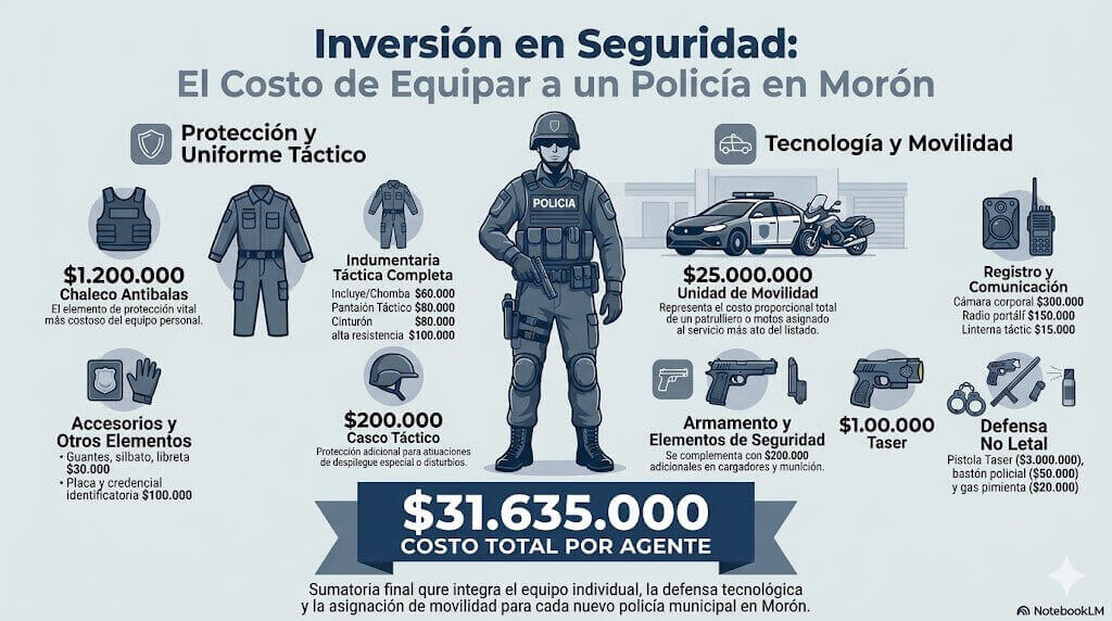 En la infografía podemos apreciar el costo por agente en materia de equipamiento