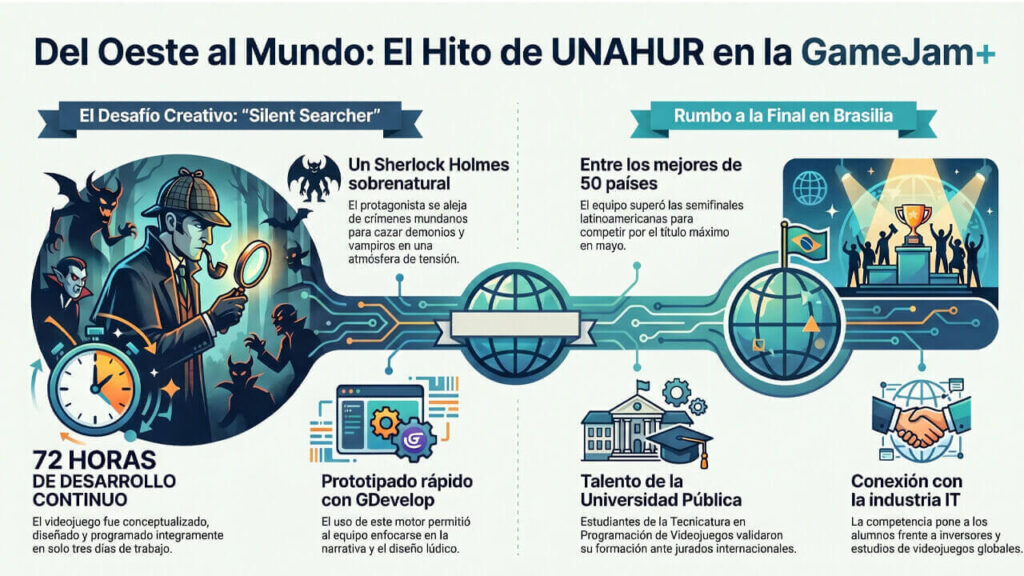 La Infografía muestra el resumen  del juego que desarrollaron los alumnos de la Universidad Nacional de Hurlingham 