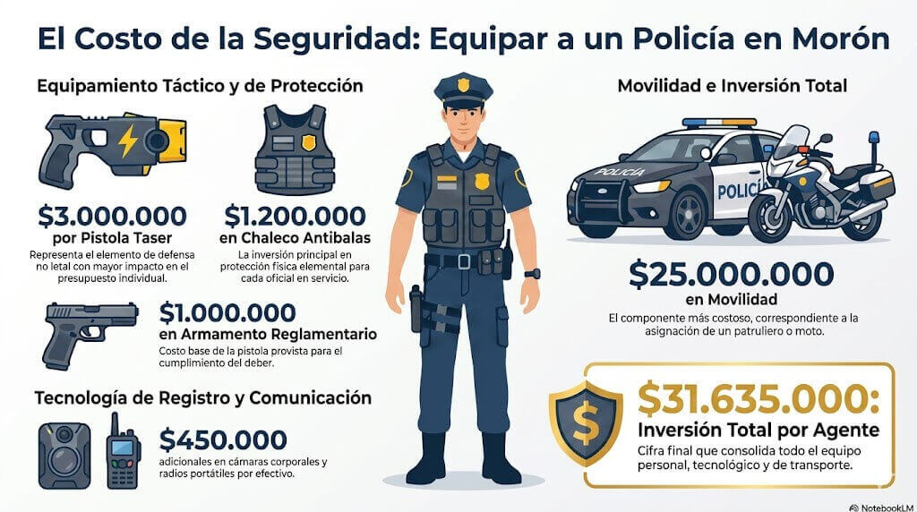 Una infografía clara sobre cuánto saldría equipar cada agente. La cuenta da que cada cien agentes, Morón gastaría en equipamiento 3.100.000 millones.