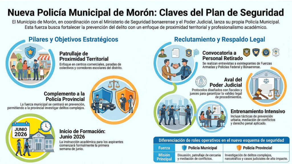Infografía que muestra las tareas que cumplirá la Policía Municipal de Morón