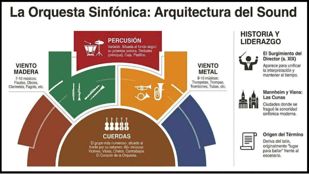 La infografía exhibe como se distribuyen los instrumentos en una orquesta sinfónica