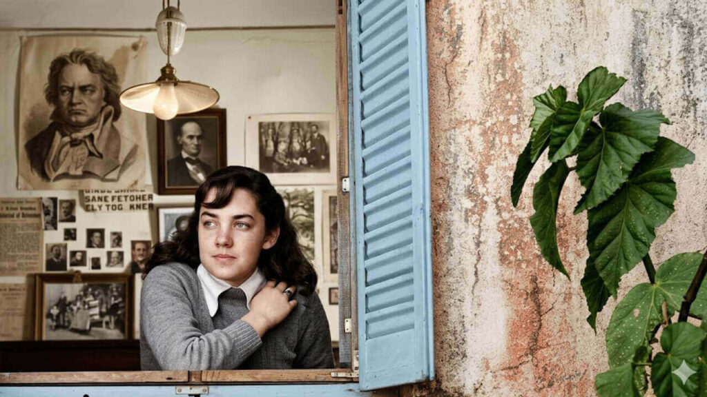 La misma foto pero curada a color de María Elena Walsh de niña asomando por la venta de su habitación con esa mirada melancólica