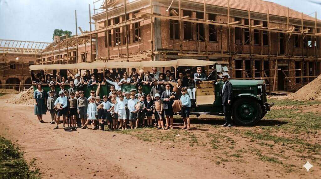 La misma imagen de alumnos de Escuela Primera subiendo al transporte escolar y de fondo el Colegio Ward en construcción