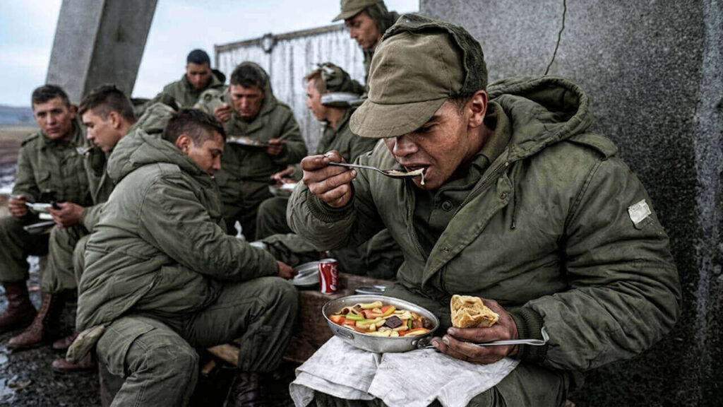 Todo un almuerzo para nuestros soldados, un guiso de fideos, sin carne, y un pan húmedo, sentados sobre una piedra