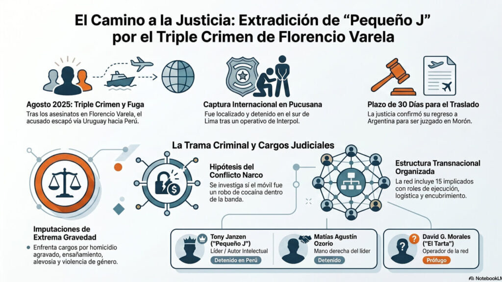 Una infografía que de un pantallazo te mete en el caso. Pequeño J extraditado por triple crimen en Florencio Varela que ocurrió a mediados de agosto.