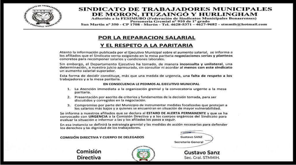 El Comunicado de Prensa del Sindicato Municipal en donde hgabla sobre el conflicto salarial que el Ejecutivo puso en marcha 