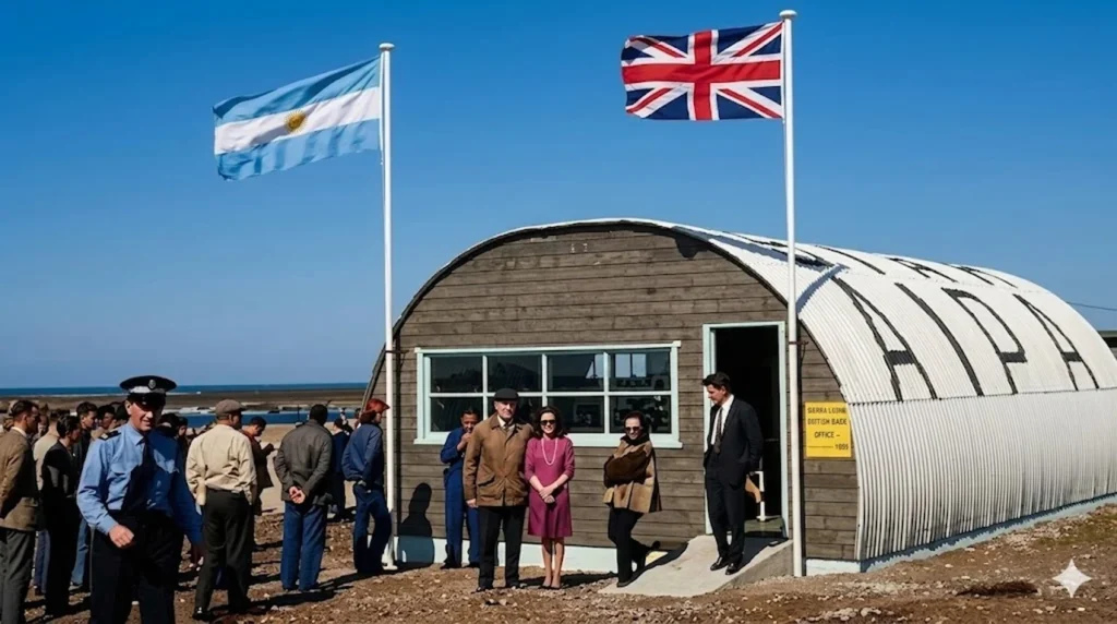Lo que perdimos en Malvinas. Un acto oficial en las islas en una zona costera donde se observan dos banderas izadas en simultáneo: la de Argentina y la del Reino Unido