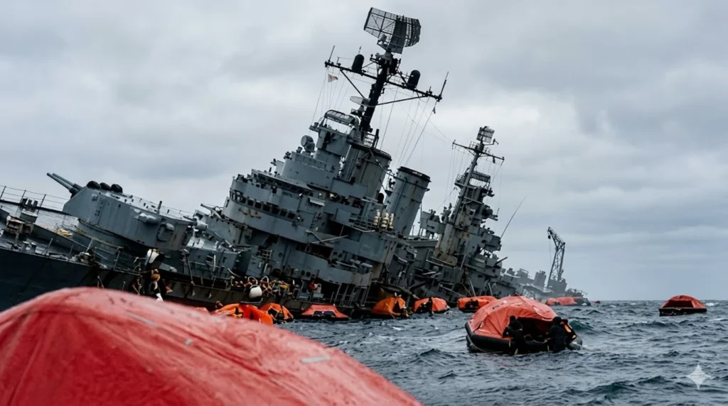 Quizás la foto más conocido de la tragedia del El ARA General Belgrano, hundido sorpresivamente contra todo compromiso. Lo ingleses nacieron piratas y piratas serán.